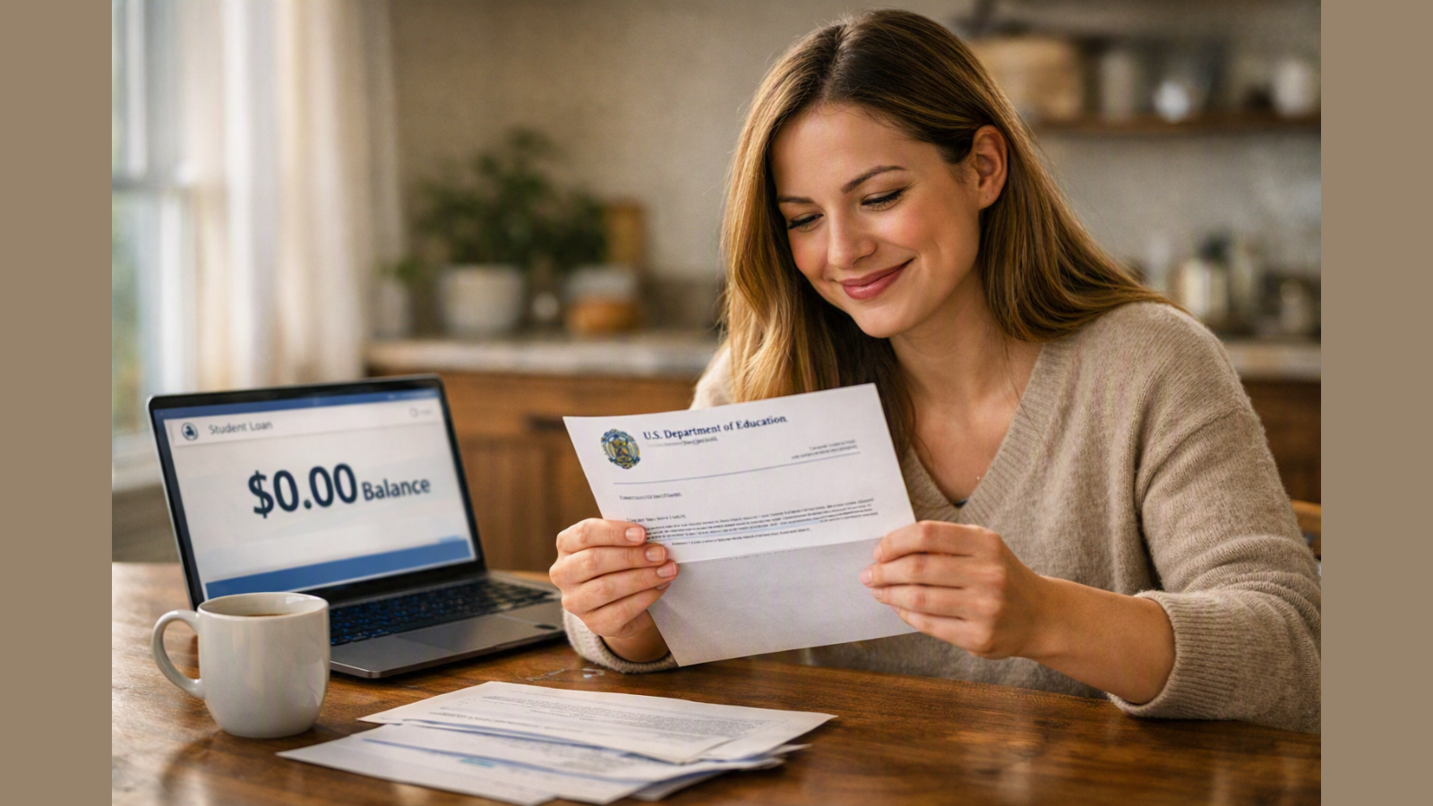 Student borrower reviewing Education Department discharge notice showing zeroed student loan balance