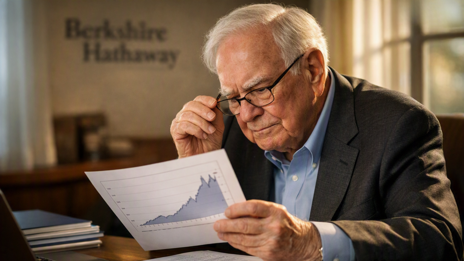 Warren Buffett reviewing S&P 500 performance data at his Omaha office desk